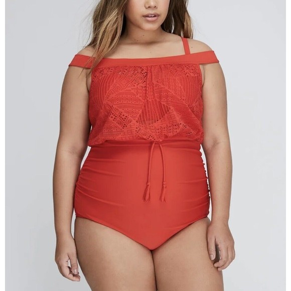 Swim by Cacique Off The Shoulder Blouson Swimsuit One Piece Bandeau Bra 38DD - Picture 1 of 14